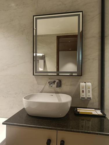 a bathroom with a white sink and a mirror at Hotel Luxe Manor in Mohali