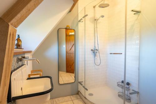 a bathroom with a shower and a sink at Ty Bras - 8000 m² de jardin in Camors