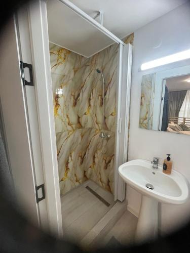 a bathroom with a white sink and a marble wall at Casa Raicu in Ploieşti