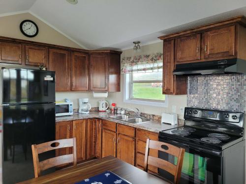 a kitchen with wooden cabinets and a black refrigerator at Crimson Sky Cottage in Twillingate