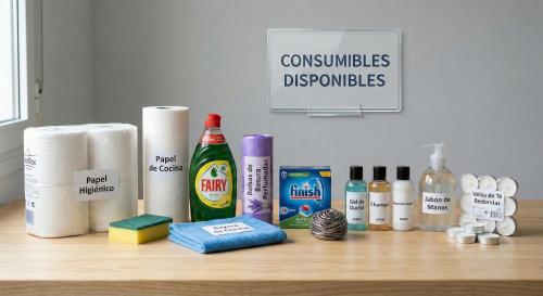a counter with toilet paper and cleaning products on it at Apartalux Benicassim Premium in Benicàssim