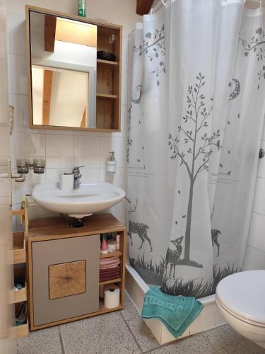 a bathroom with a sink and a shower curtain with monkeys at Piccolo gioiello rustico in Losone