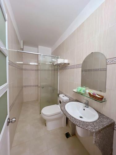 a bathroom with a toilet and a sink and a mirror at Trung Hậu Hotel Côn Đảo in Con Dao