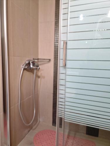 a bathroom with a shower with a glass door at Lela's House in Yerakiní