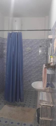 a bathroom with a blue shower curtain and a sink at Villa Shérazade in Saint-Louis