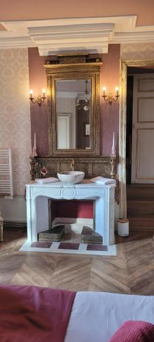 a bathroom with a sink and a mirror at Château St Sulpice Chambre Porcelaine in Condal