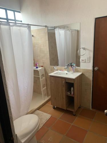 a bathroom with a toilet and a sink and a shower at Cabaña AWA in Puerto Salgar