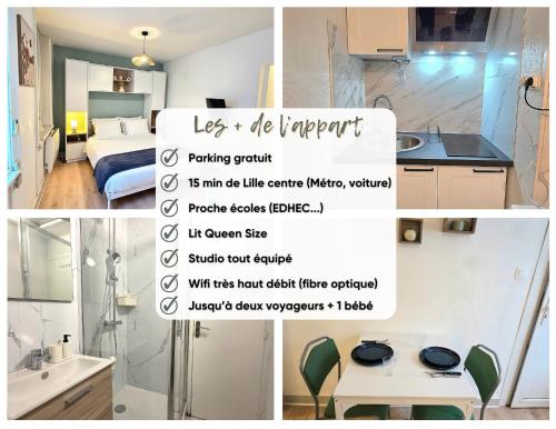 a collage of photos of a kitchen and a bedroom at A l'orée de Croix - AbsoluteHome in Croix