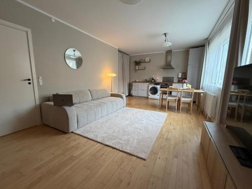 a living room with a couch and a table at Charming studio apartment in the heart of Nørrebro, Copenhagen in Copenhagen