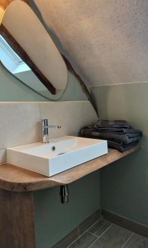 a bathroom with a white sink on a shelf at Bed and Breakfast en Sarthe in Avoise