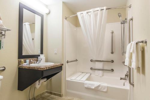 a bathroom with a shower and a sink and a toilet at Quality Inn & Suites in Moose Jaw