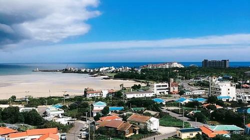 a view of a city with the ocean and buildings at Rezion Hotel in Seogwipo