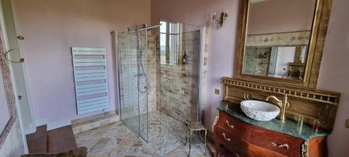 a bathroom with a shower with a sink and a mirror at Suite familiale PAMPILLES in Condal