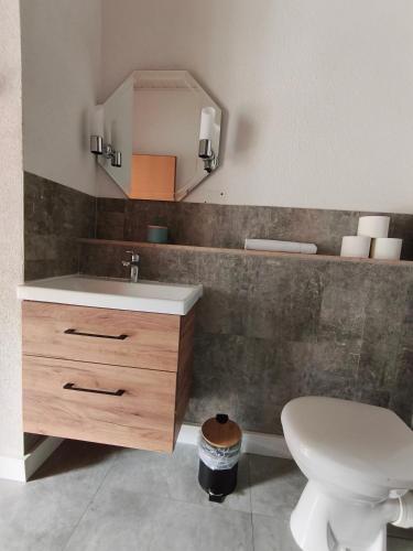 a bathroom with a sink and a toilet and a mirror at Lahnzauber Obernhof in Obernhof