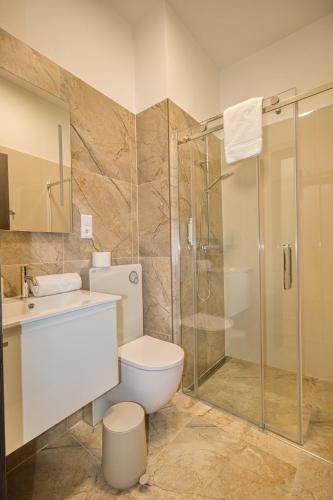 a bathroom with a toilet and a shower at Wellness Hotel Orlík in KozÃ¡rovice