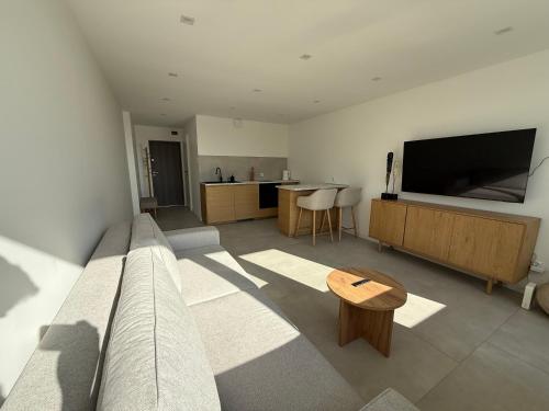 a living room with a couch and a flat screen tv at CentralPark Katowice in Katowice