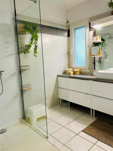 a bathroom with a glass shower and a sink at Le Cottage de L&M in Sigean