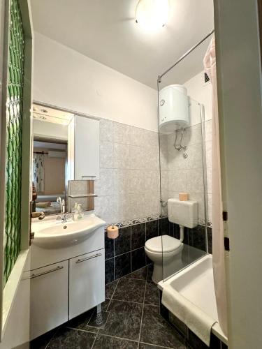 a bathroom with a sink and a toilet and a tub at Apartments Robert in Tučepi