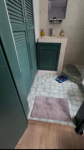 a bathroom with a green door and a pink rug at CNS Guest House in Grand-Bassam