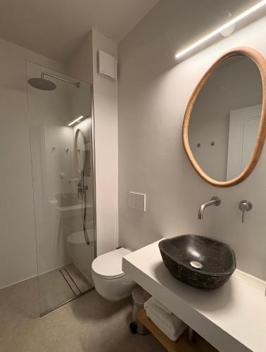 a bathroom with a sink and a toilet and a mirror at Triantafilia Guesthouse in Agioi Apostoli