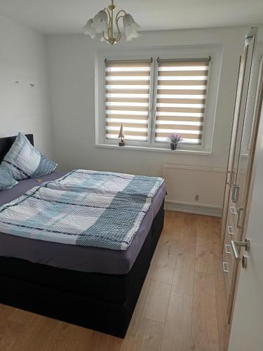 a bedroom with a bed and two windows at Ferienwohnung Lea in Sangerhausen