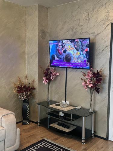 a living room with a tv on a wall at Christian Dior Lazarevac in Lazarevac