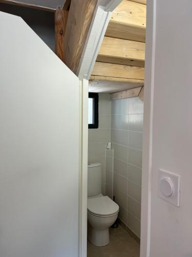 a bathroom with a toilet in a small room at L'Escapade Bourguignonne, à 10 minutes de Cluny, petit déjeuner inclus! in Clermain