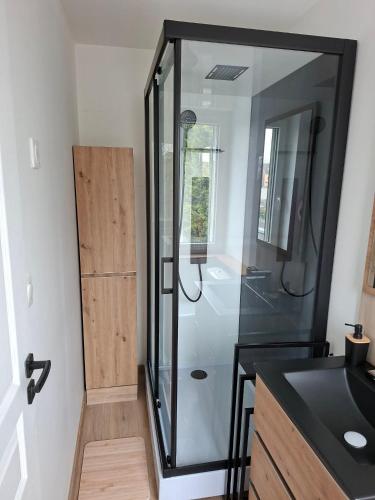 a bathroom with a glass shower and a sink at nid doré in Calais
