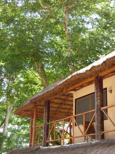 a building with a thatched roof with trees in the background at Cabañas Zoh Laguna Calakmul in Xpujil