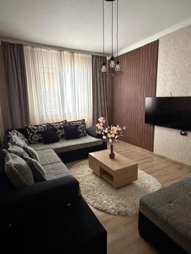 a living room with a couch and a coffee table at Apartman Tara in Subotica
