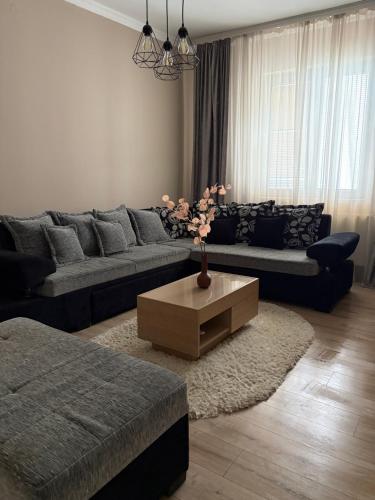 a living room with a couch and a coffee table at Apartman Tara in Subotica