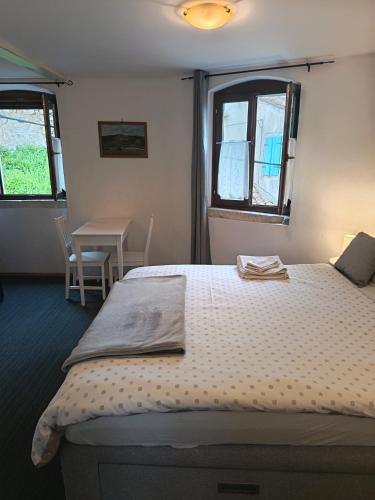 a bedroom with a bed and two windows at Rooms Serafin in Motovun