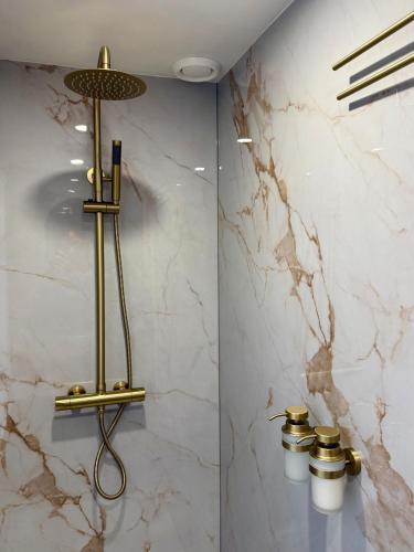 a bathroom with gold fixtures and a marble wall at Casa Dos in Hendrik-Ido-Ambacht