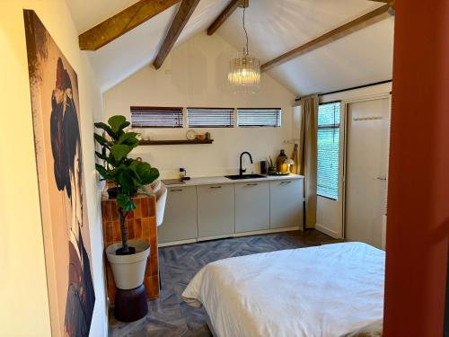 a kitchen with a bed and a sink in a room at CasaDos in Hendrik-Ido-Ambacht