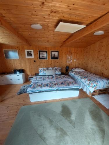 two beds in a room with wooden ceilings at Vceli RAJ Bojnice in Bojnice