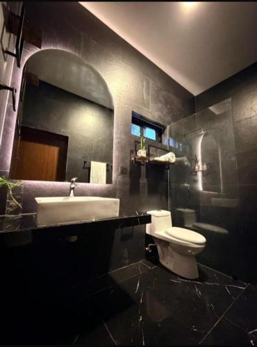 a bathroom with a toilet and a sink and a mirror at Deluxe loft with direct access to the lagoon in Momoxpan
