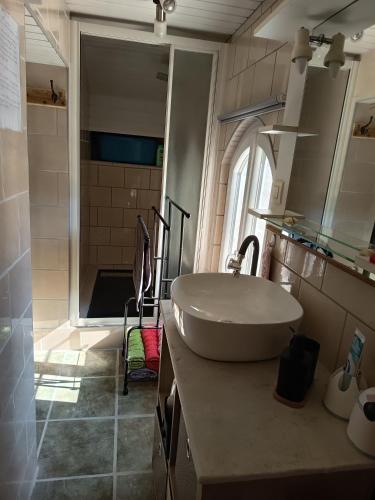 a bathroom with a sink and a mirror at Chez Sylvia in Saint-Julien-du-Pinet