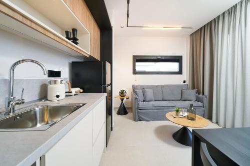 a kitchen and a living room with a couch at Videre Golden Private Pool Suites in Potamiá