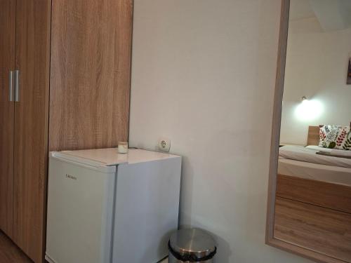 a small white refrigerator in a room with a mirror at Hotel VIVA in Sofia