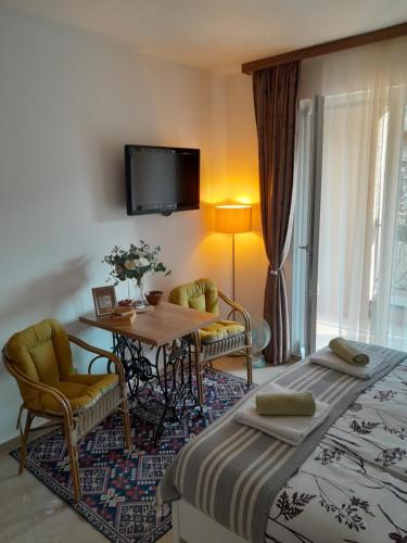 a hotel room with a bed and a table and a tv at Rosa Brandis Cozy Apartment in Travnik