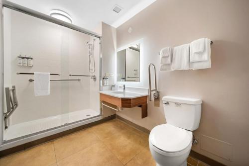 a bathroom with a shower and a toilet and a sink at Holiday Inn Express Trincity by IHG in Piarco