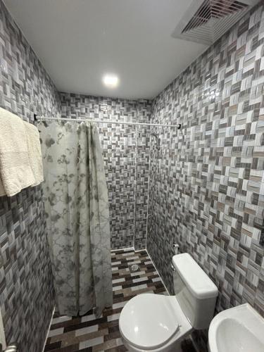 a bathroom with a toilet and a shower at M&S Cabina in Alburquerque