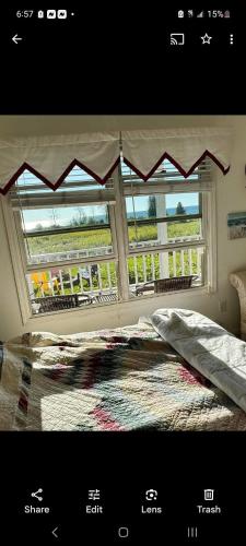 a bedroom with a window and a bed with a view at Beach House Overlooking Lake Michigan in Algoma