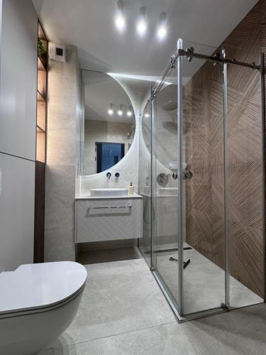 a bathroom with a shower and a toilet and a sink at Apartment Comfort Premium in Bartoszyce