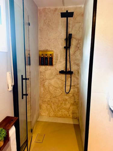 a shower in a bathroom with a glass door at Casablanca El Petit Hotel in Deltebre