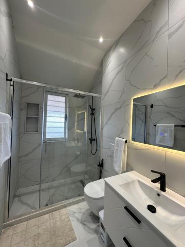 a bathroom with a shower and a toilet and a sink at Olivea Suites Tirana in Tirana