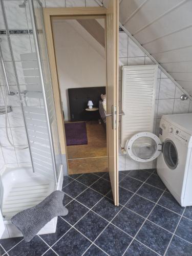 a small bathroom with a washer and a toilet at Monteurs Wohnung in Andervenne in Andervenne Oberdorf