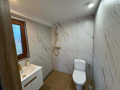 a bathroom with a toilet and a sink at Domki Mazury Mikołajki in Mikołajki