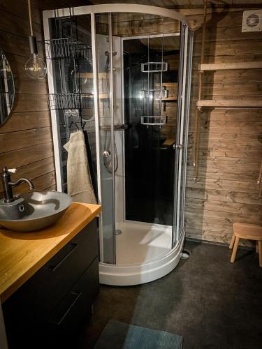 a bathroom with a shower and a sink at Cabin Lyseren in Omberg