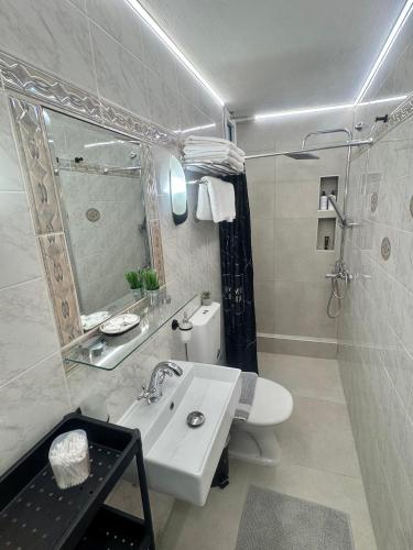 a bathroom with a sink and a toilet and a mirror at Luxury house near by Delphi in Kírra